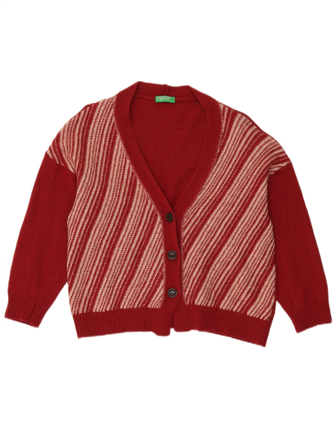 Benetton Cárdigan Extragrande De Mujer UK 44 Lana De Rayas Roja Mediana