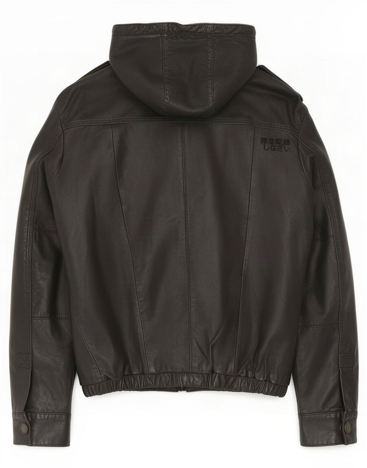 Superdry Chaqueta militar de cuero con capucha para hombre, talla 38, talla mediana, negra