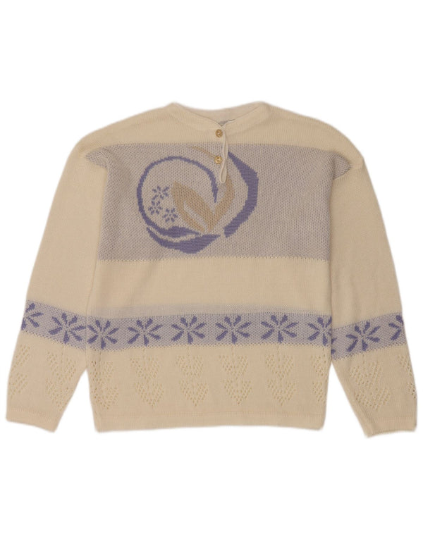 Vintage mujer botón cuello jersey suéter Reino Unido 16 grande blanco floral