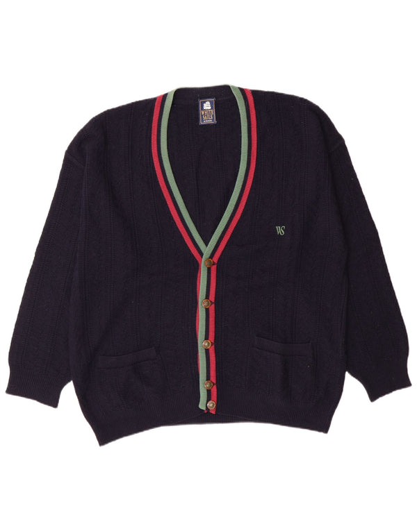 White Stuff Mens Cardigan Sweater Medium Navy Blue Striped Wool Classic