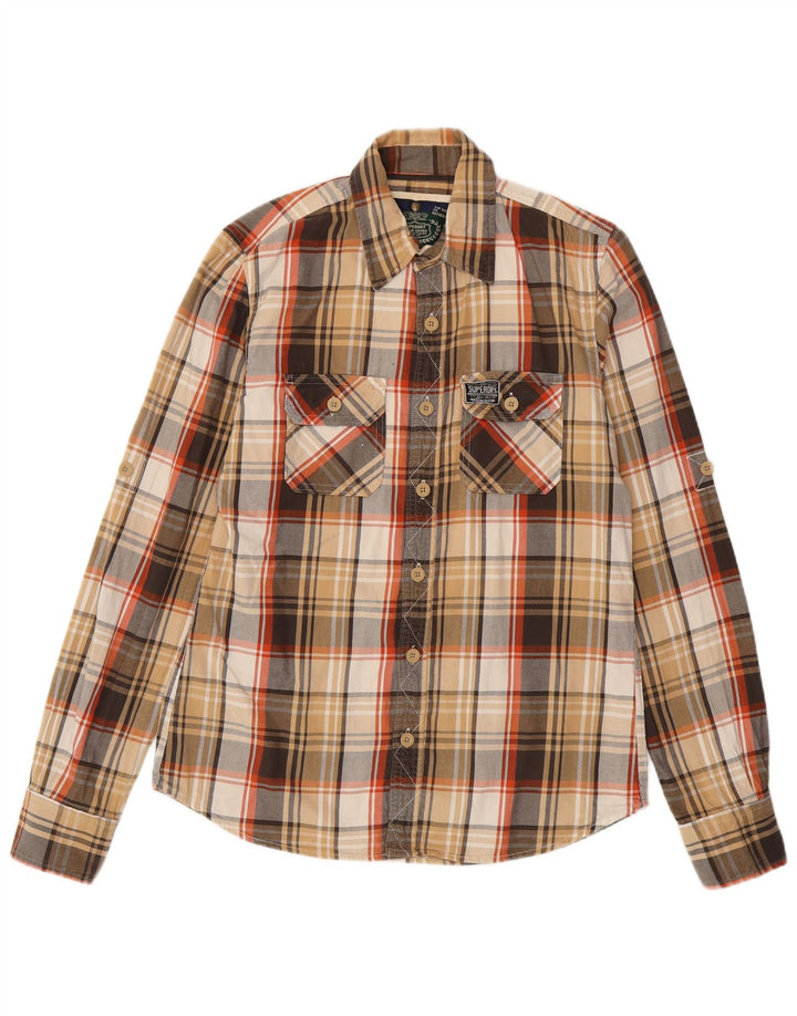 SUPERDRY Camisa de franela para hombre de algodón a cuadros marrón grande