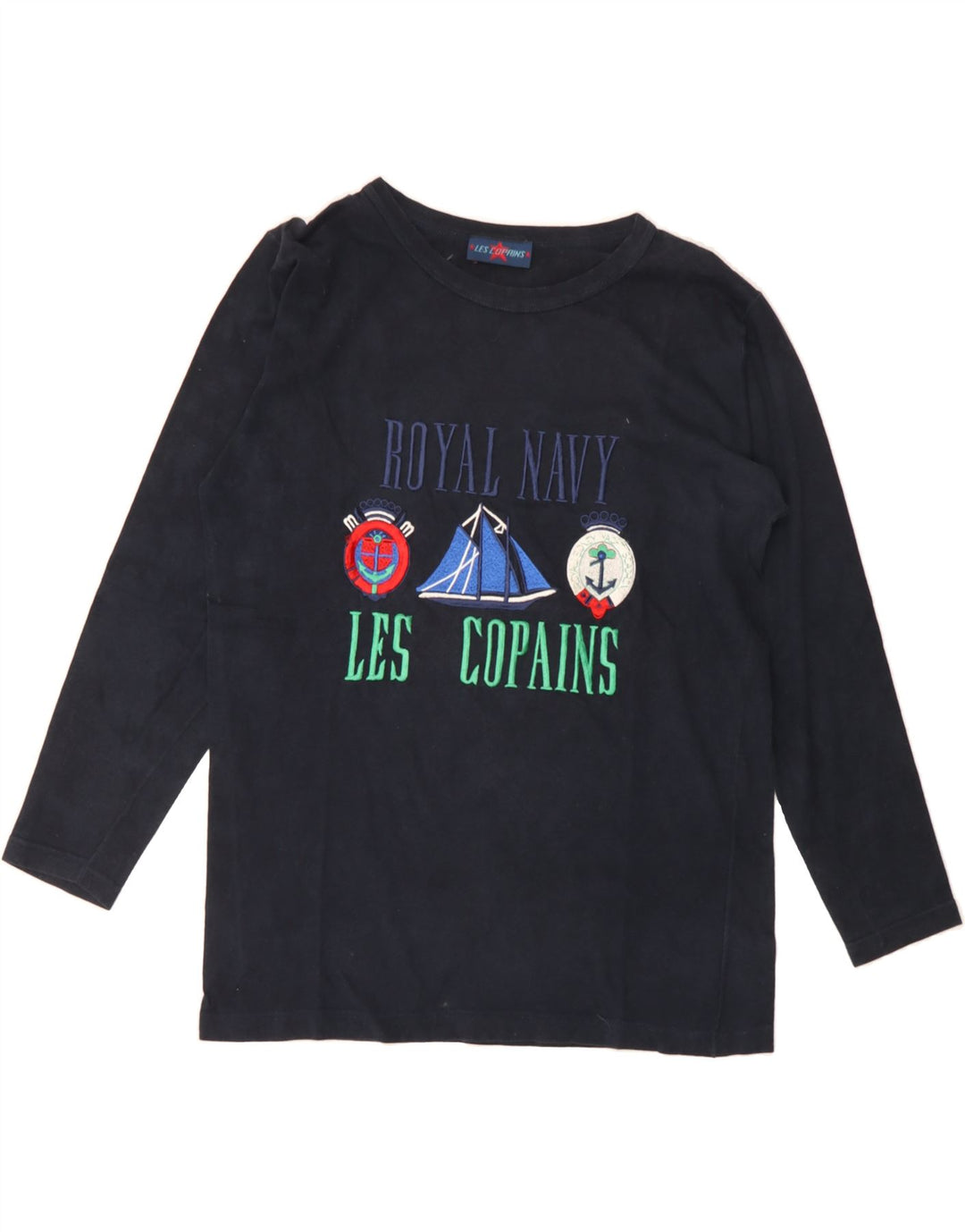 LES COPAINS Womens Graphic Top Long Sleeve UK 14 Medium Navy Blue Cotton Vintage Les Copains and Second-Hand Les Copains from Messina Hembry 