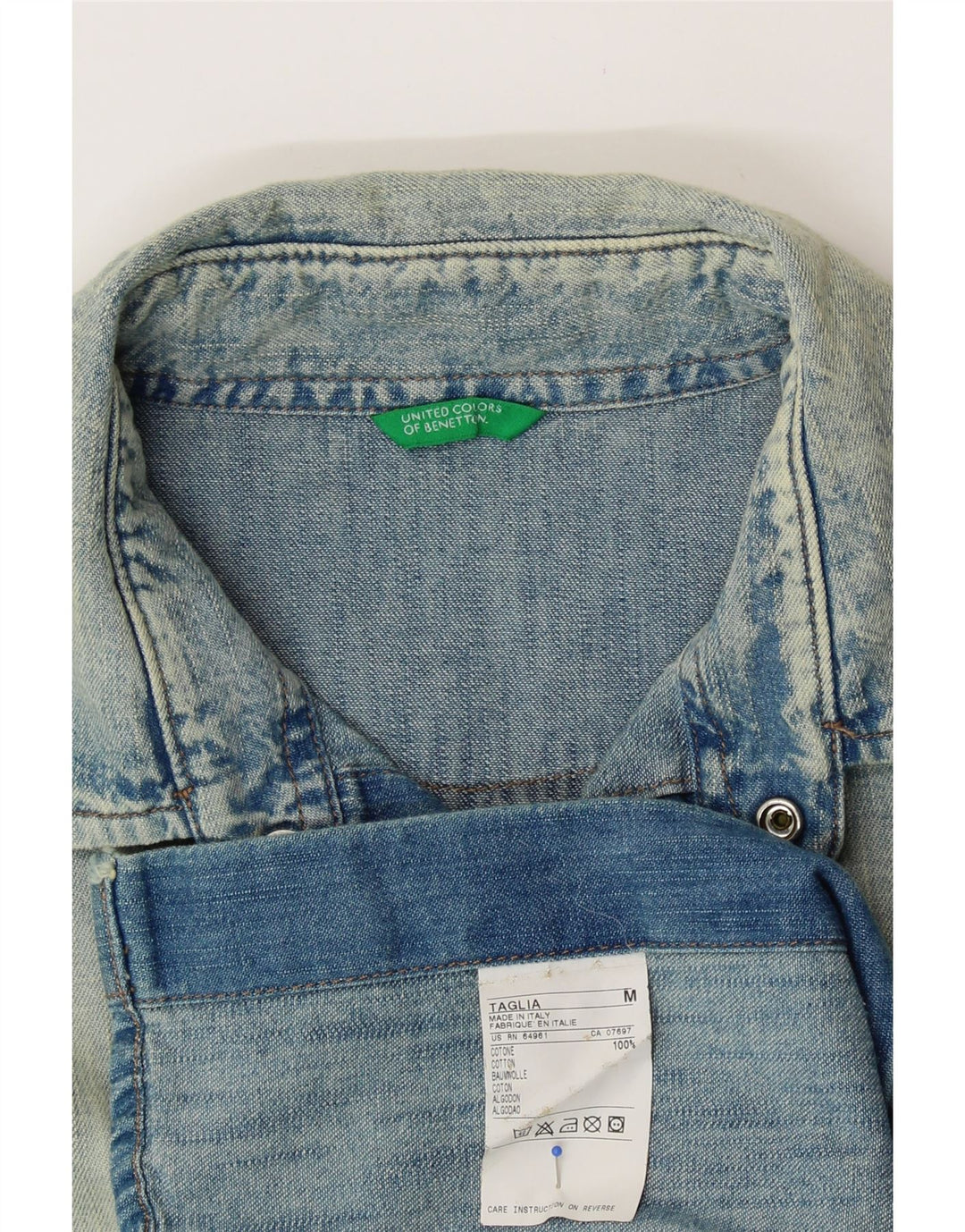 BENETTON Camisa vaquera con lavado ácido para hombre Algodón azul medio