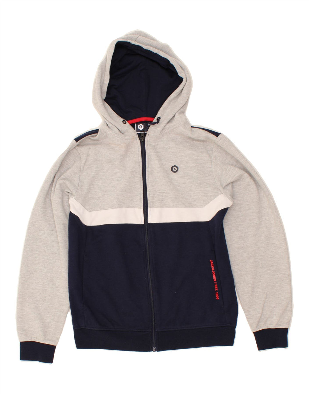 JACK & JONES Mens Zip Hoodie Sweater Small Navy Blue Colourblock Polyester Vintage Jack & Jones and Second-Hand Jack & Jones from Messina Hembry 