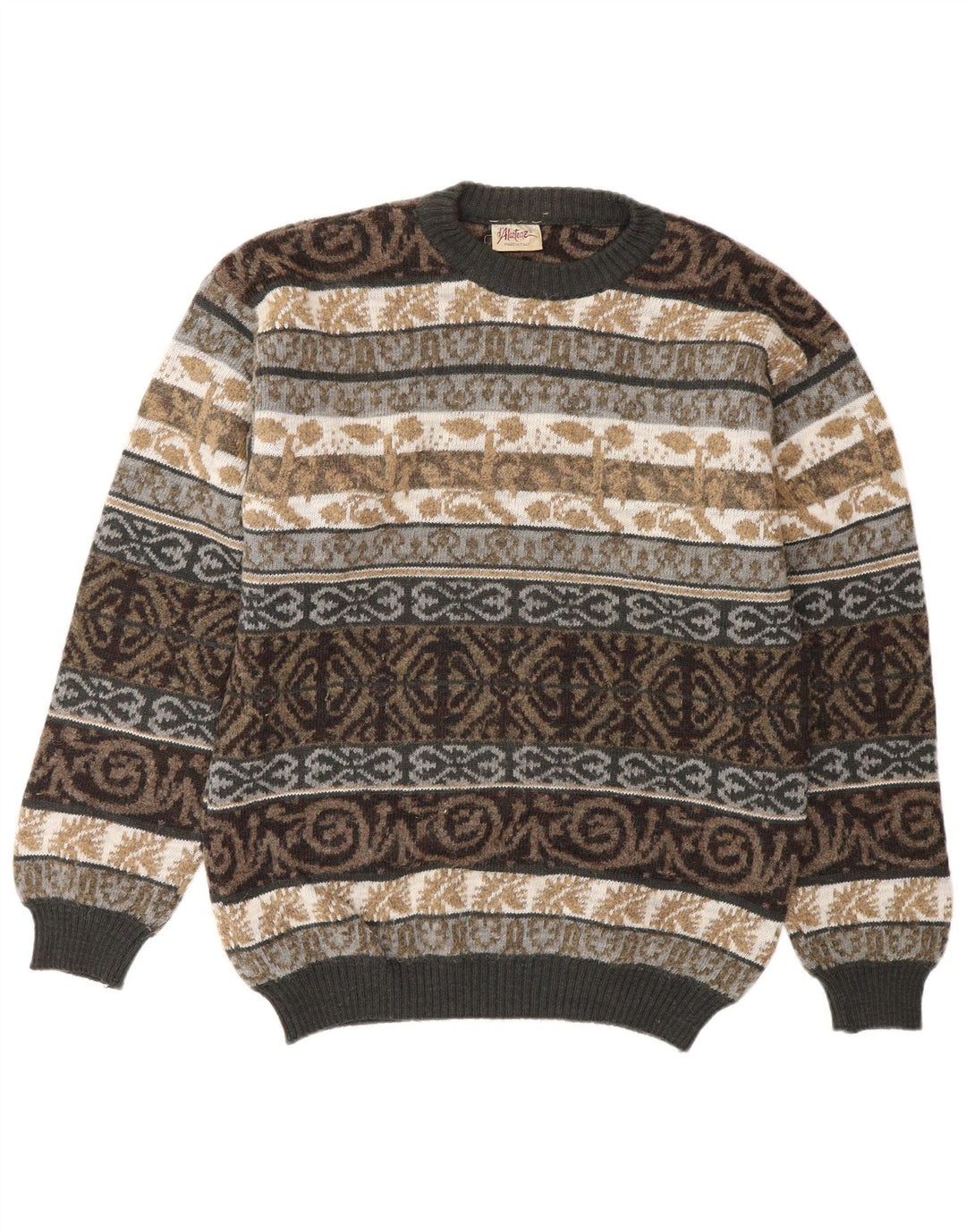 VINTAGE Hombres Crew Neck Jumper Suéter Medio Multicolor Fair Isle Lana