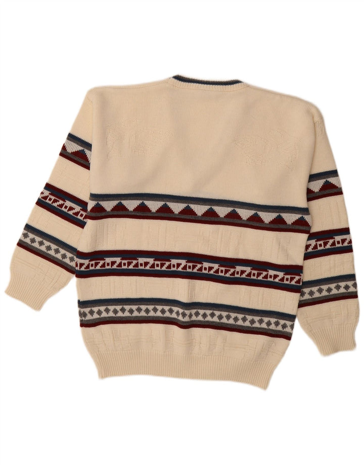 VINTAGE Hombres V-Cuello Jumper Suéter Grande Blanco Geométrico Acrílico