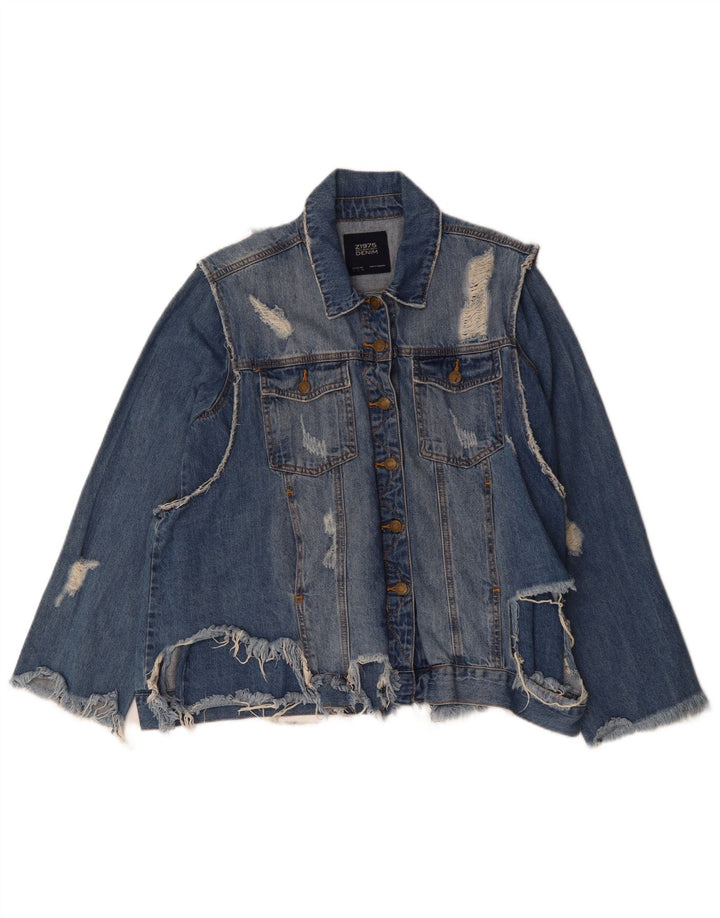 ZARA Chaqueta vaquera desgastada para mujer UK 46 Algodón azul grande