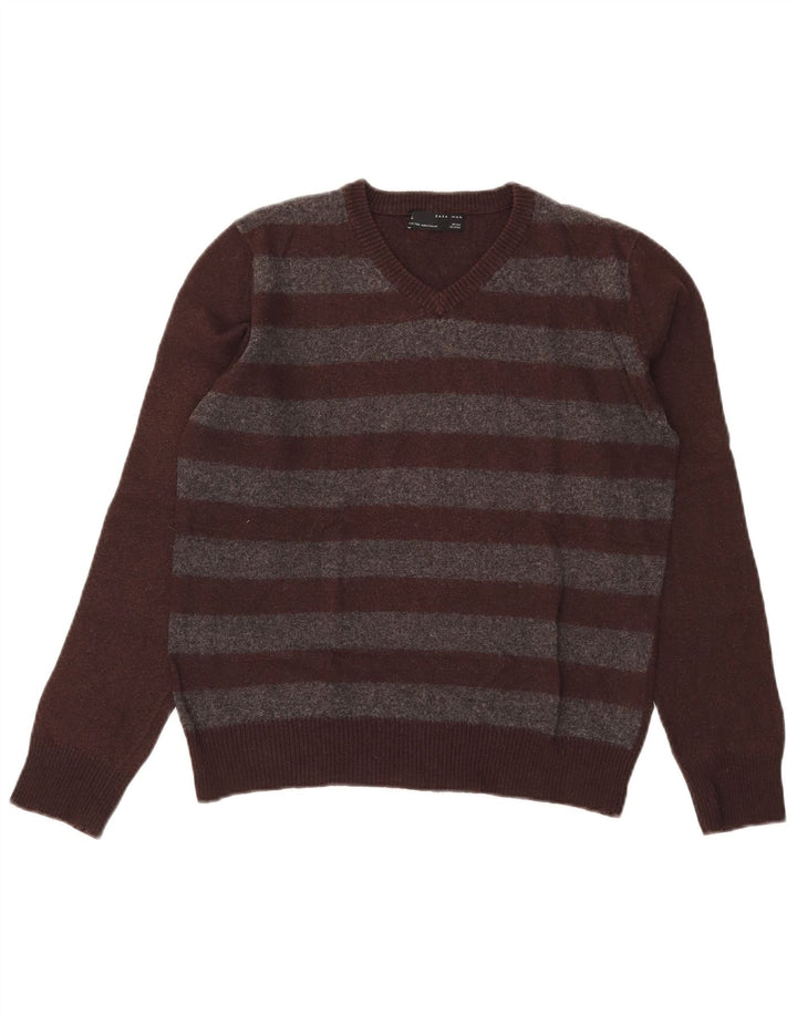 Zara Hombre Jersey Con Cuello En V De Lana A Rayas Marrón Medio