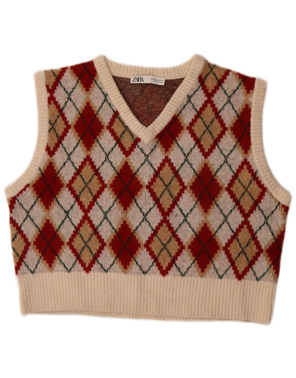 Zara Mujer Crop Vest Tank Top UK 40 Medium Multicolor Argyle/Diamond