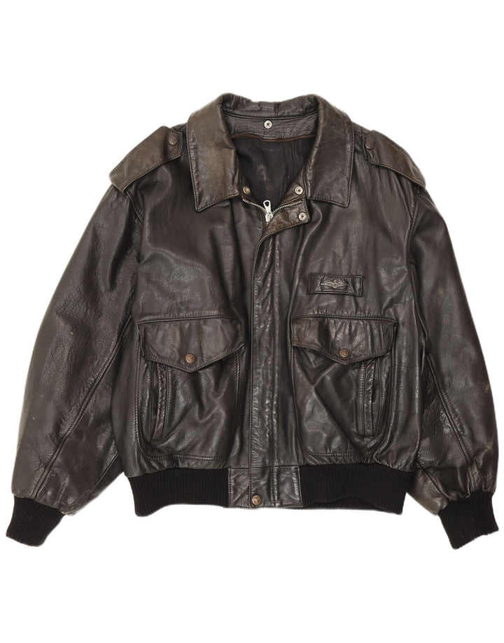 Vintage hombres militar cuero vuelo aviador chaqueta Reino Unido 38 medio negro