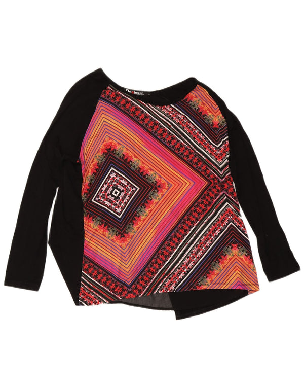 Desigual Mujer Top Manga Larga UK 46 Grande Viscosa Geométrica Negra