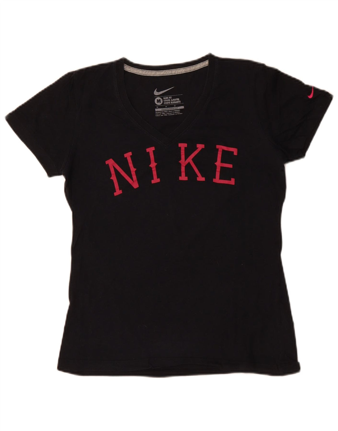 NIKE Mujer Slim Fit Graphic Camiseta Top UK 12 Medium Negro Algodón