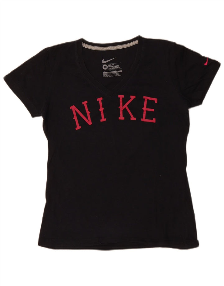 NIKE Mujer Slim Fit Graphic Camiseta Top UK 12 Medium Negro Algodón