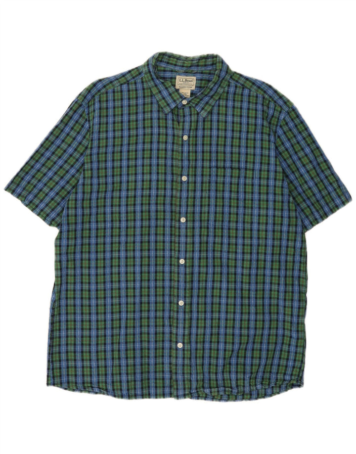 L.L.BEAN Camisa de manga corta para hombre de algodón a cuadros verdes grandes