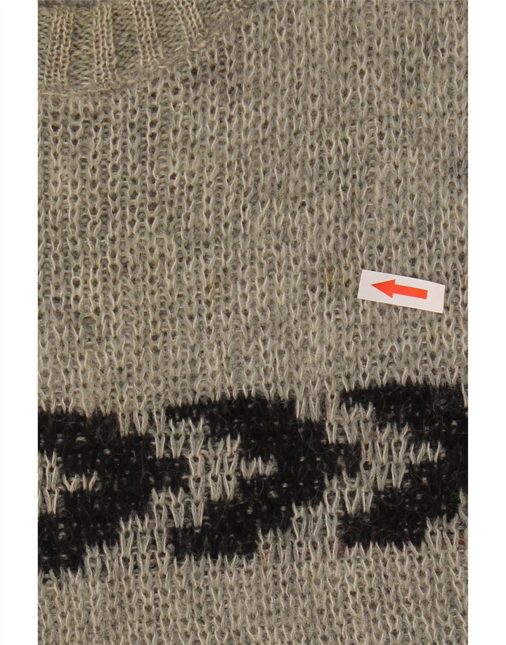 Vintage hombres cuello redondo jersey suéter tamaño 40 gris medio rayas