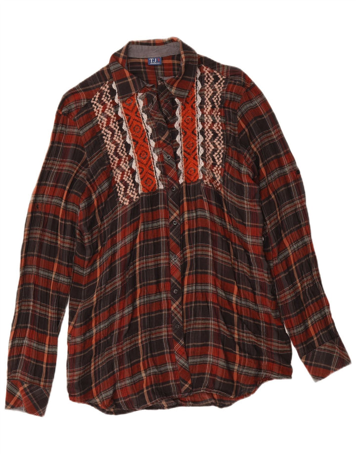 Trussardi Camisa larga para mujer UK 44 Medium Borgoña Check