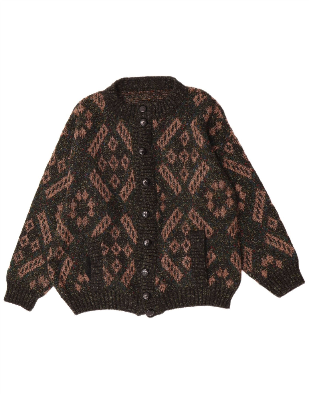 Vintage hombres Cardigan suéter grande verde lana geométrica