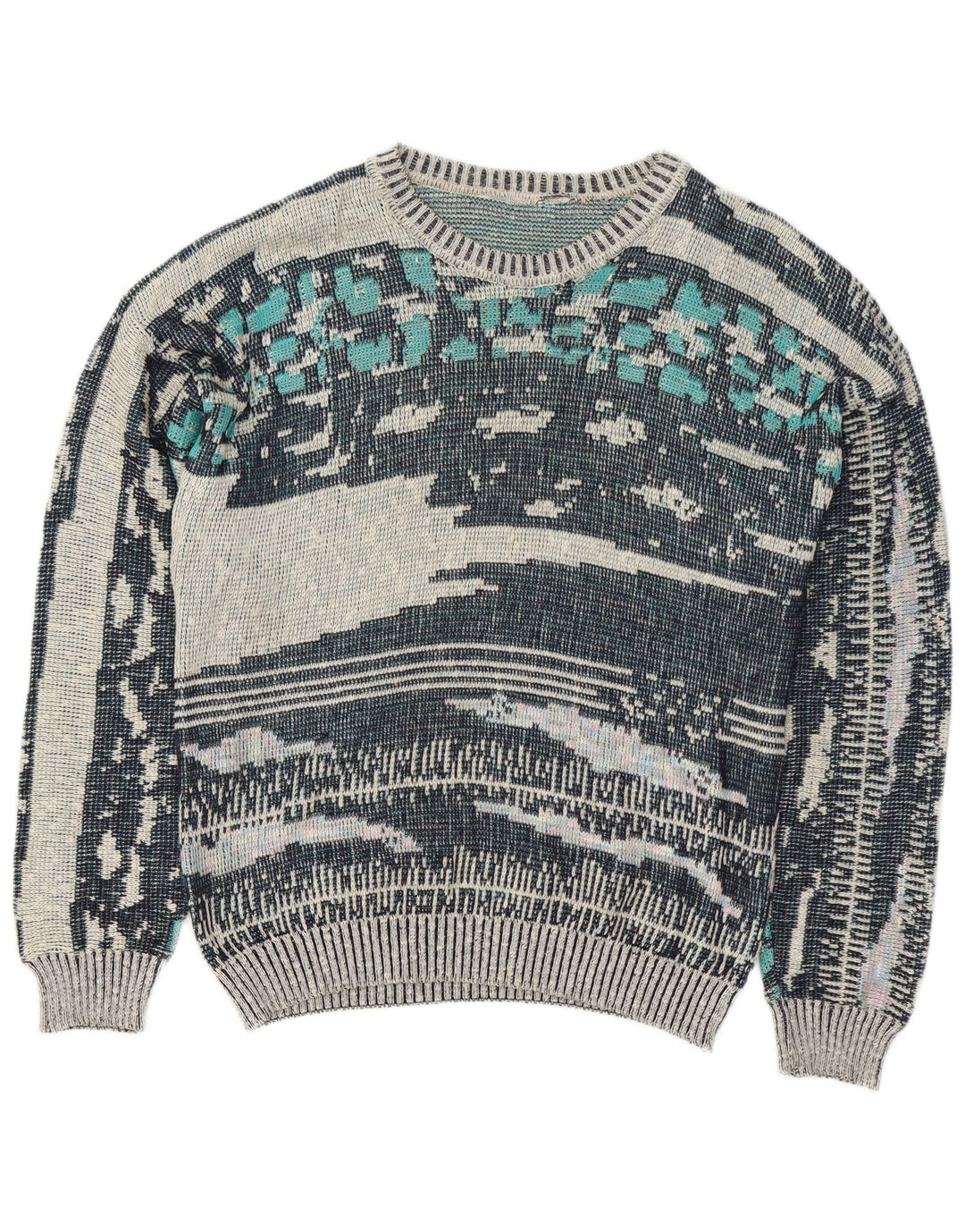 Vintage hombres patrón abstracto cuello redondo jersey suéter azul medio