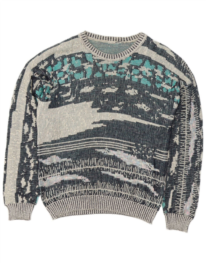 Vintage hombres patrón abstracto cuello redondo jersey suéter azul medio