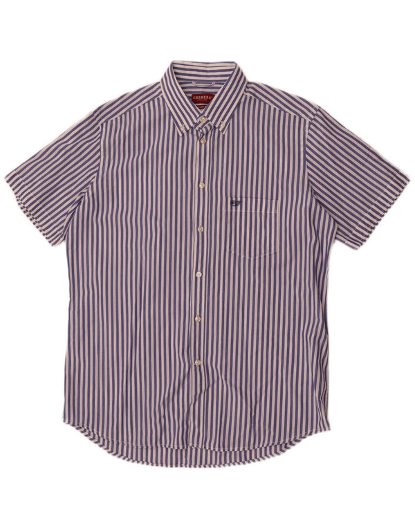 Carrera Camisa de manga corta para hombre de corte regular de algodón a rayas azul marino grande