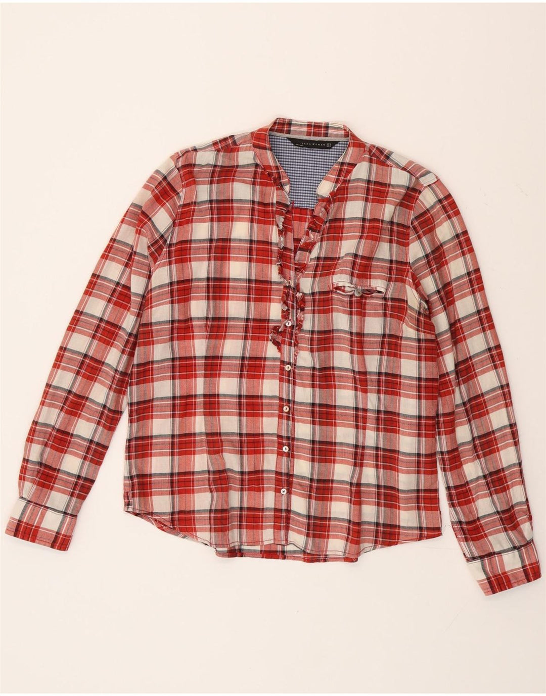 Zara Mujer Camisa Con Volantes Delanteros UK 40 XL Algodón A Cuadros Rojos