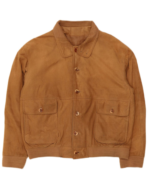 Vintage hombres faux ante bomber chaqueta Reino Unido 40 gran rayón marrón