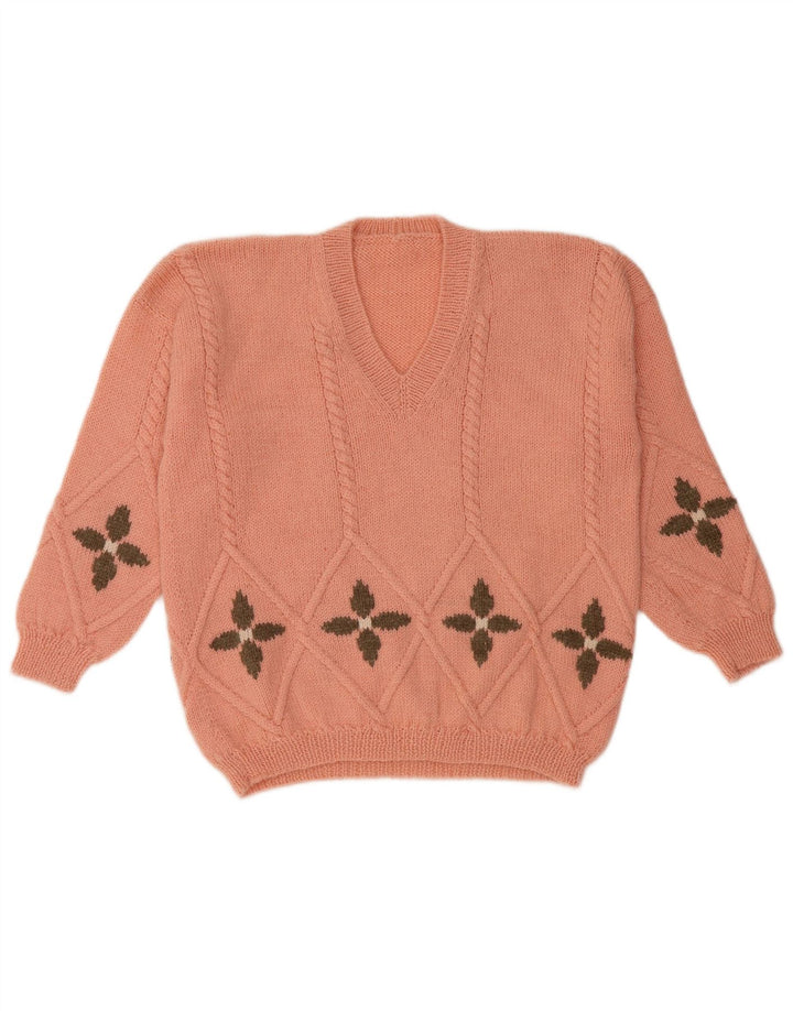 Vintage mujer V-cuello jumper suéter Reino Unido 16 grande rosa geométrico