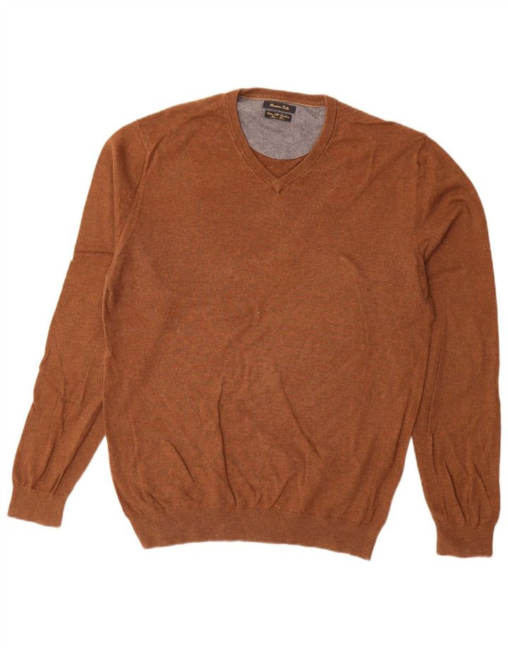 Jersey Massimo Dutti Hombre Cuello Pico Algodón Marrón Medio