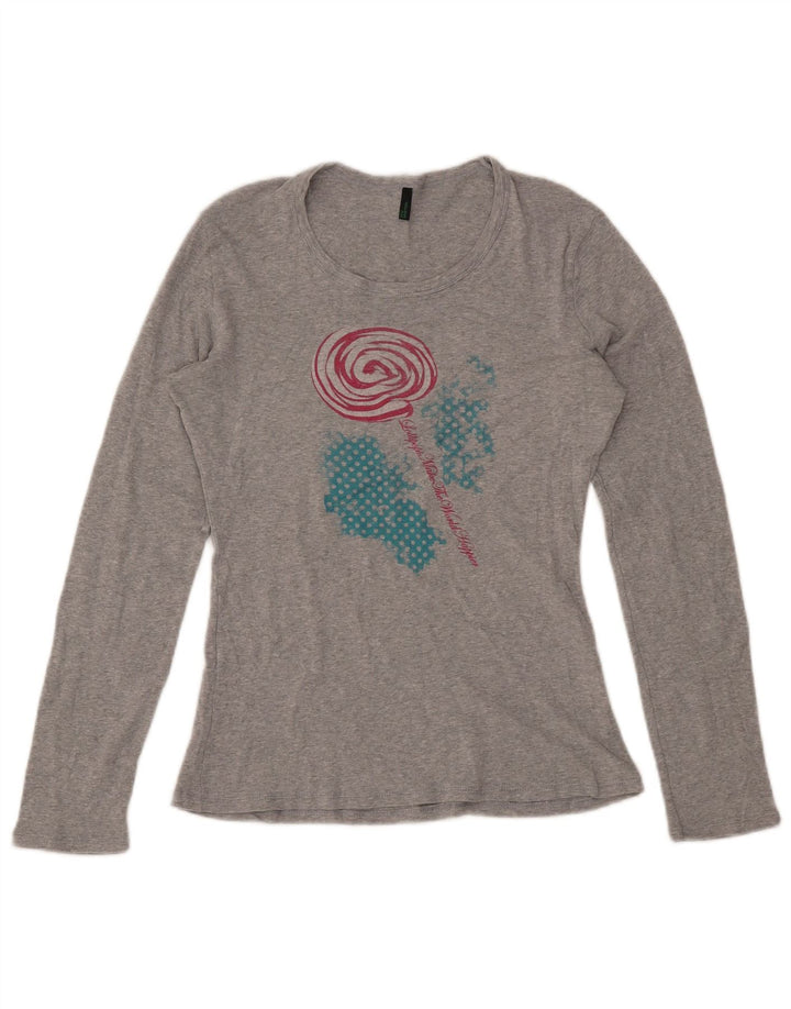 BENETTON Top gráfico para mujer de manga larga UK 46 Grande Algodón moteado gris