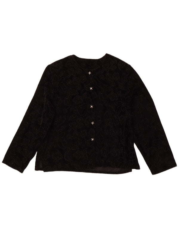 VINTAGE Blusa de manga larga para mujer Top UK 16 Grande Negro Floral