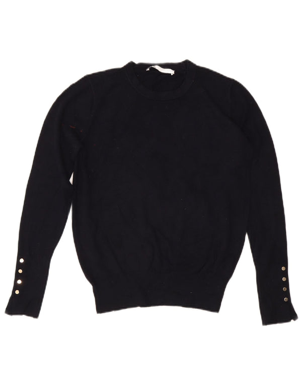 Zara Mujer Crop Crew Neck Jumper Sweater UK 12 Medium Azul Marino Viscosa