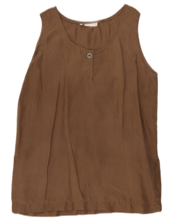 Vintage mujer blusa sin mangas Top Reino Unido 10 pequeña seda marrón