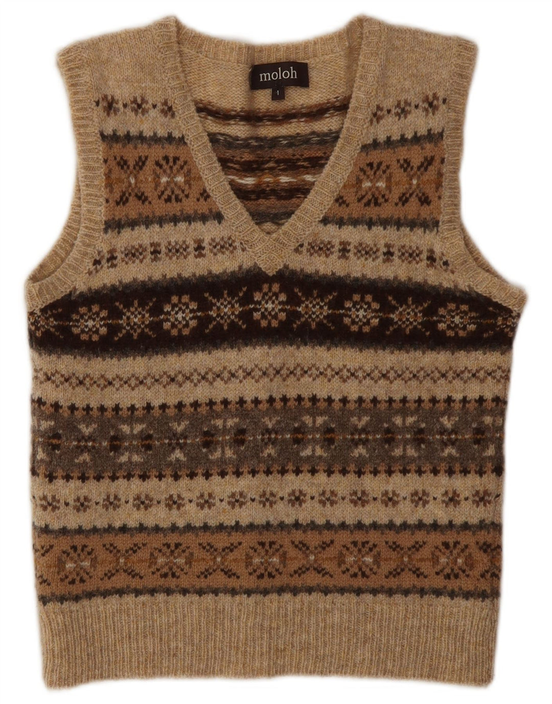 MOLOH Chaleco para mujer Camiseta sin mangas Talla 1 Pequeño Marrón Fair Isle Lana Clásico