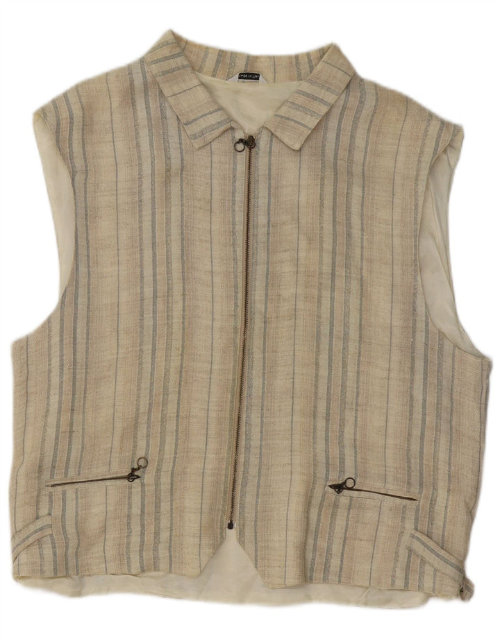 Vintage Hombres Gilet Medio Beige Rayas
