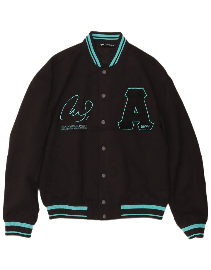 Zara Mens Graphic Varsity Jacket UK 38 Mediano Negro Poliéster