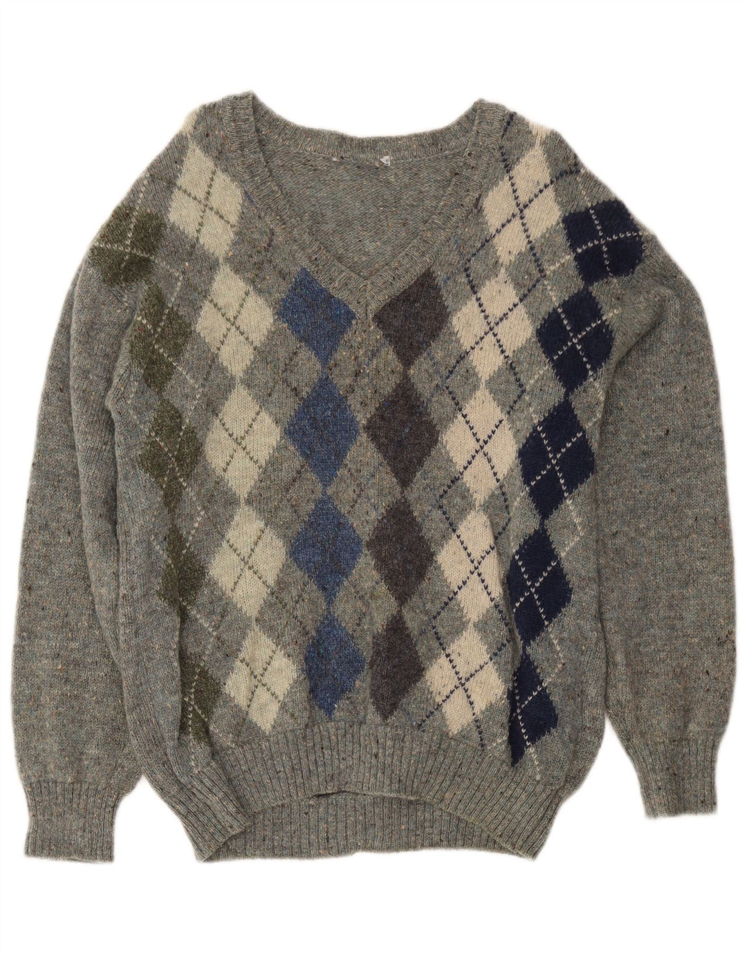 Vintage hombres V-cuello jumper suéter gris medio Argyle/diamante lana virgen