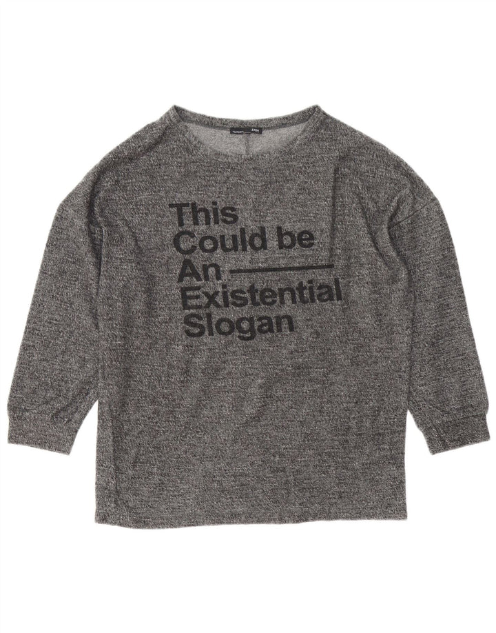 Zara Mujer Top Gráfico Extragrande Manga Larga UK 8 Pequeño Gris Moteado
