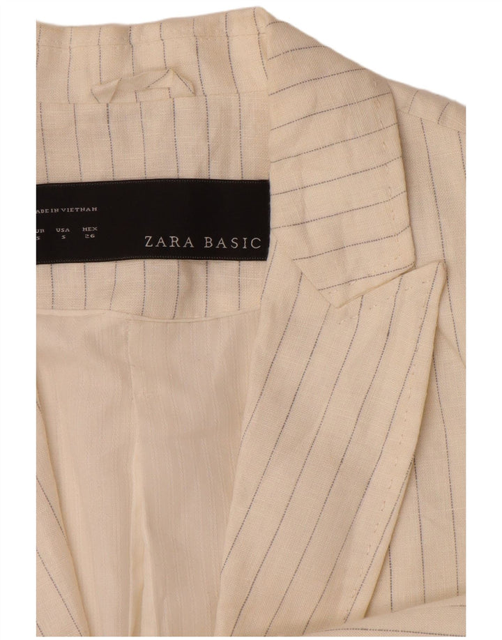 ZARA Chaqueta Blazer De 1 Botón para Mujer UK 10 Pequeña De Lino A Rayas Blanco Roto