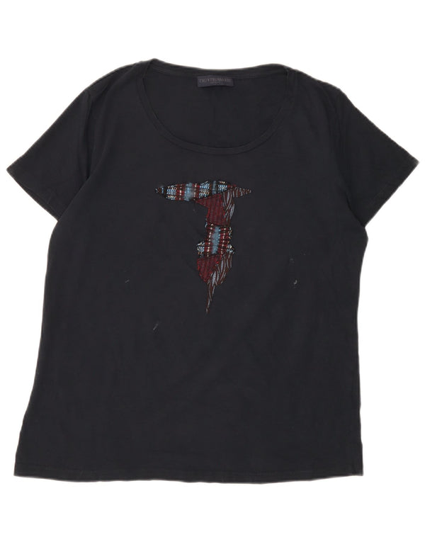 TRUSSARDI Camiseta gráfica para mujer Top UK 46 Grande Algodón negro