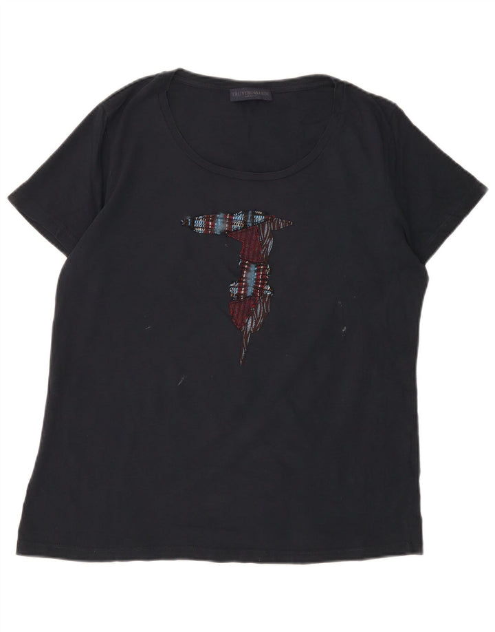 TRUSSARDI Camiseta gráfica para mujer Top UK 46 Grande Algodón negro