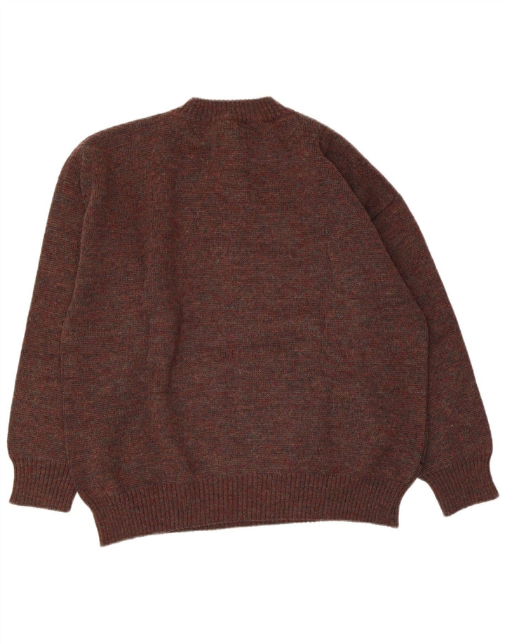 Vintage hombres gráfico botón cuello jumper suéter grande marrón acrílico