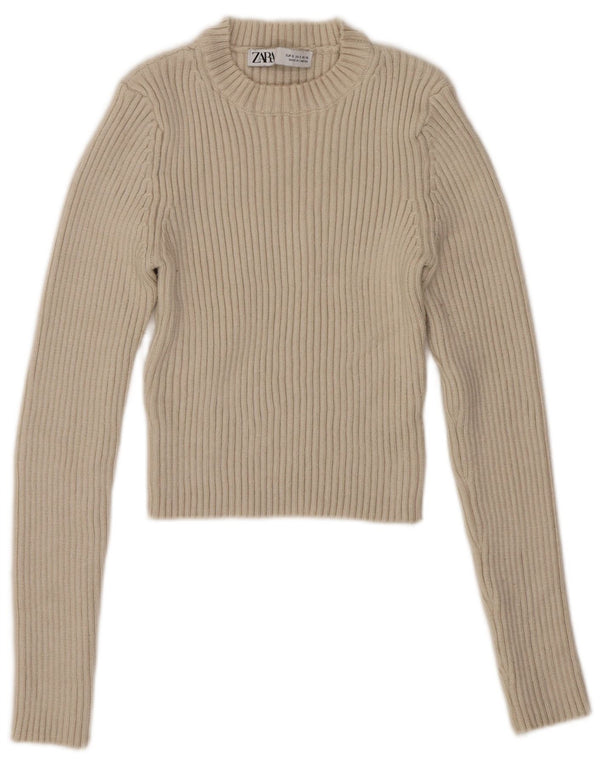 Zara Mujer Crop Crew Neck Jumper Sweater UK 8 Small Beige Viscosa