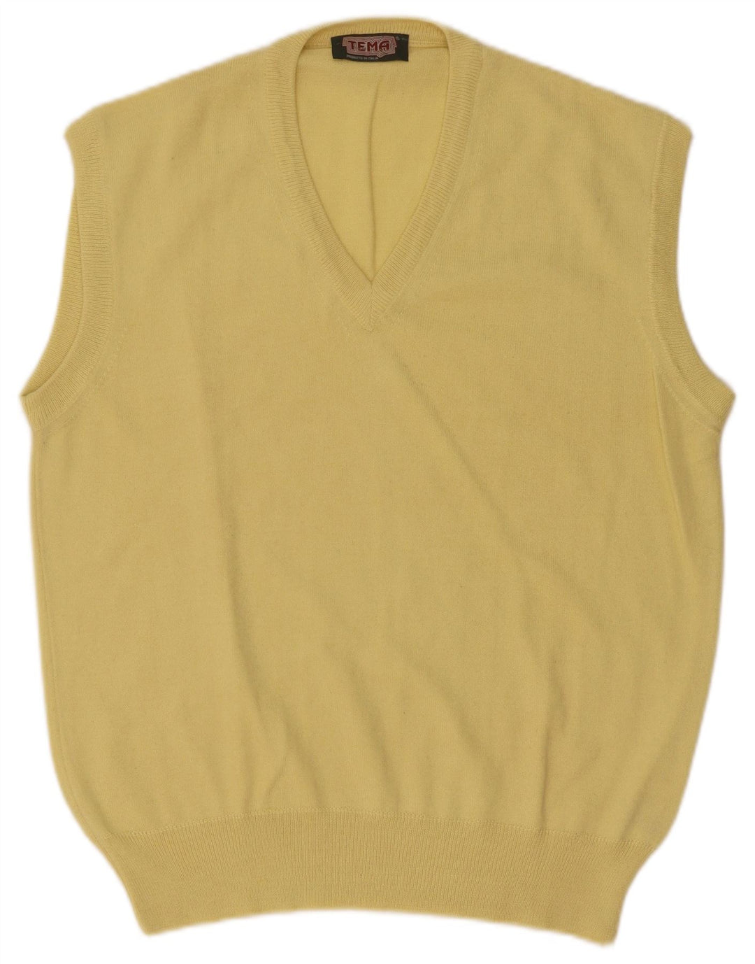 Vintage hombres chaleco camiseta sin mangas IT 50 lana amarilla media