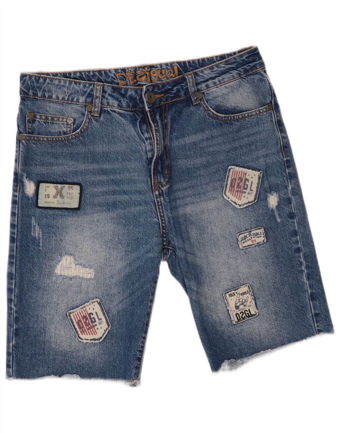 Desigual Hombre Shorts De Mezclilla Desgastados W30 Algodón Patchwork Azul Medio