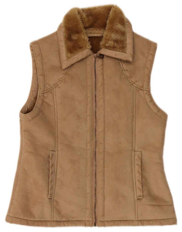 Vintage mujeres Sherpa Gilet Reino Unido 12 Medio Beige