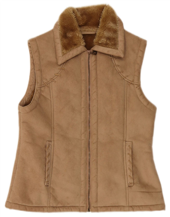 Vintage mujeres Sherpa Gilet Reino Unido 12 Medio Beige