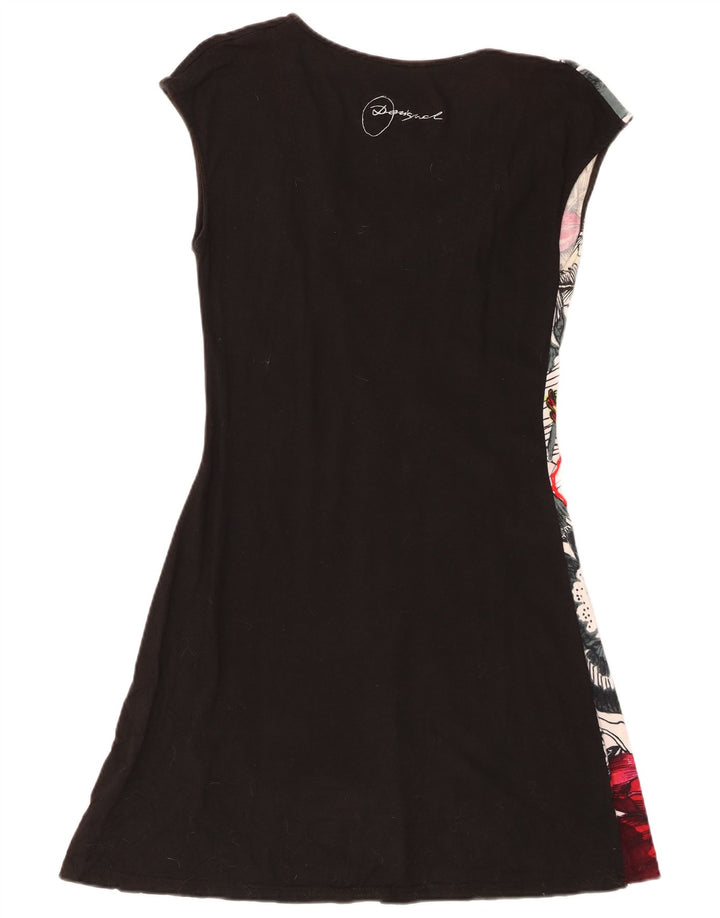 Desigual Vestido Básico Mujer UK 12 Mediano Negro Floral Algodón