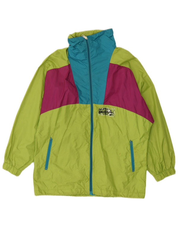 Vintage mujer chaqueta de lluvia con capucha Reino Unido 16 poliamida verde grande colorblock