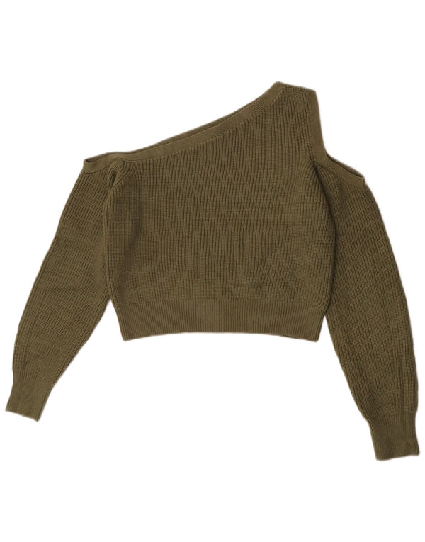 Zara Mujer Crop Un Hombro Cuello Barco Jersey Suéter UK 12 Medium Caqui
