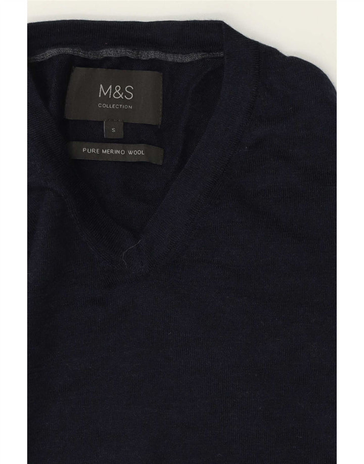 Marks & Spencer Suéter con Cuello en V para Hombre Pequeño Lana Merino Azul Marino